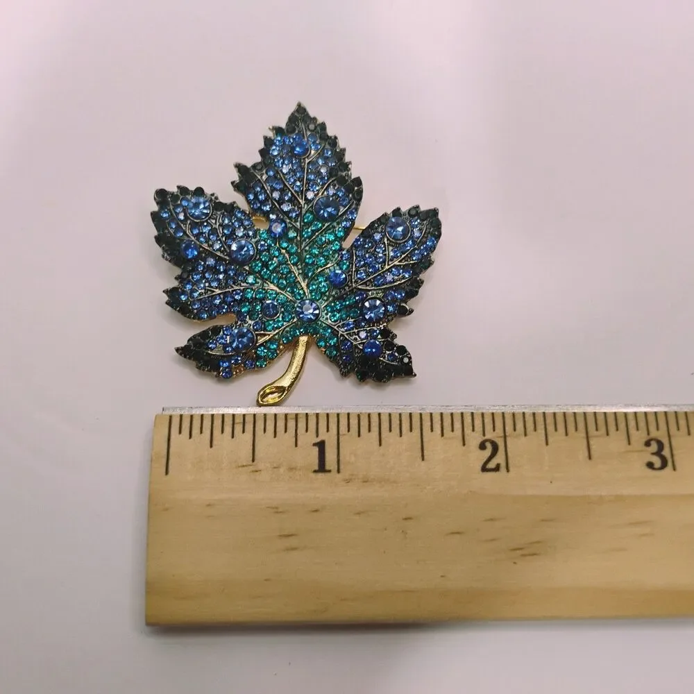 Maple Leaf Brooch Blue Shades Rhinestones Fashion Pin Jewelry Autumn Statement